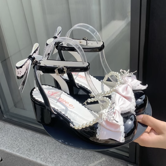 Pink Bow at Top Black Sweet Lolita Mary Jane Shoes with Detachable Bead Chain