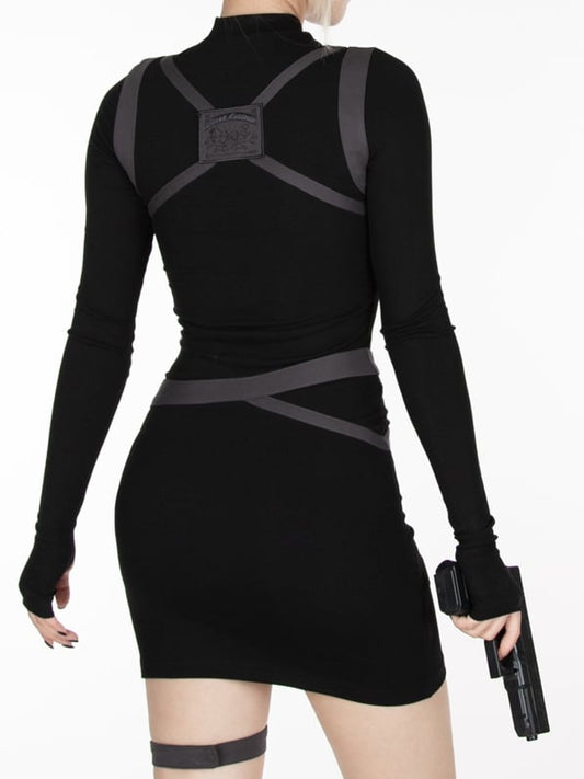 Cyberpunk Futuristic Black & Gray Buckle Strap Dress Waist Belt and Harness All-in-one with Garter