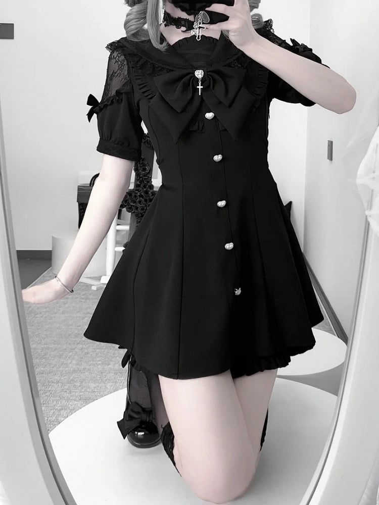 Black Jirai Kei Set - Sailer Collar Sweetheart Buttons Short Sleeves Top + Shorts + Bow Tie