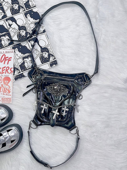 Black Y2K Cross Charm Skeleton Decorated Crossbody Bag