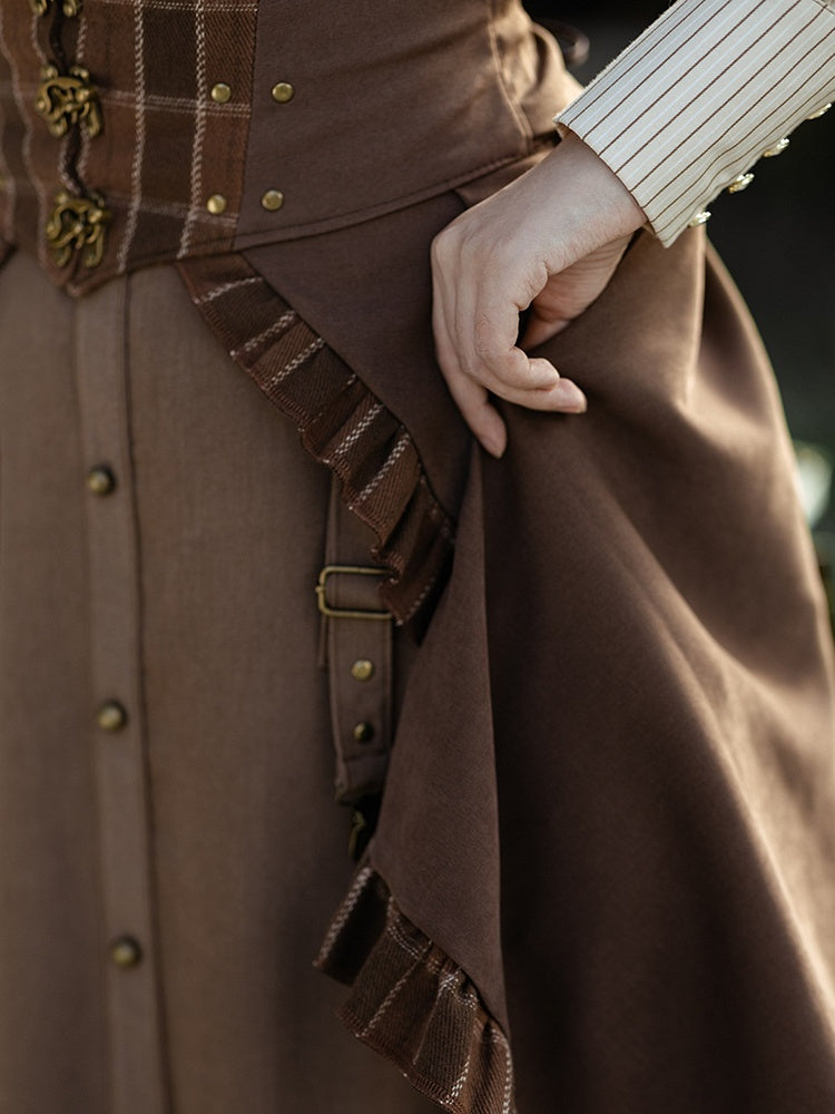 Steampunk Dark Brown Plaid Pattern Ruffled Hem Train