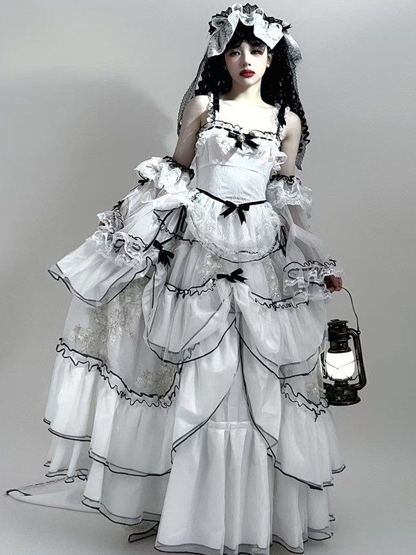 Plus Sizes White & Black Ruffled Layers Sweet Lolita Dress with Bow Accents Long Version