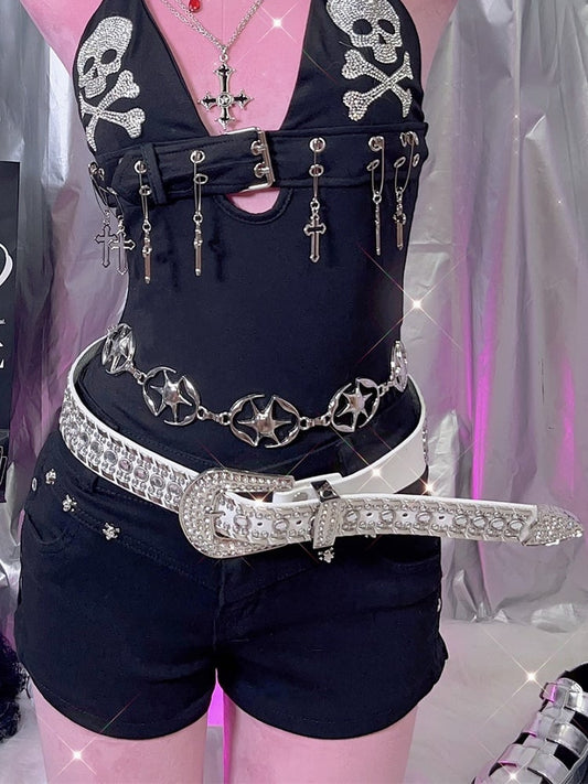 Black/White Punk Rhinestone Decorated Studs Details Waist Belt
