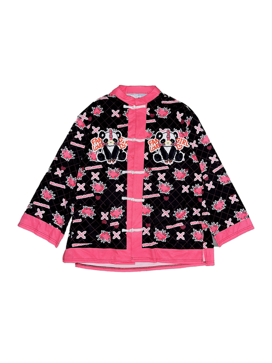 White/Black Panda Print Knot Buttons Banded Collar Jacket