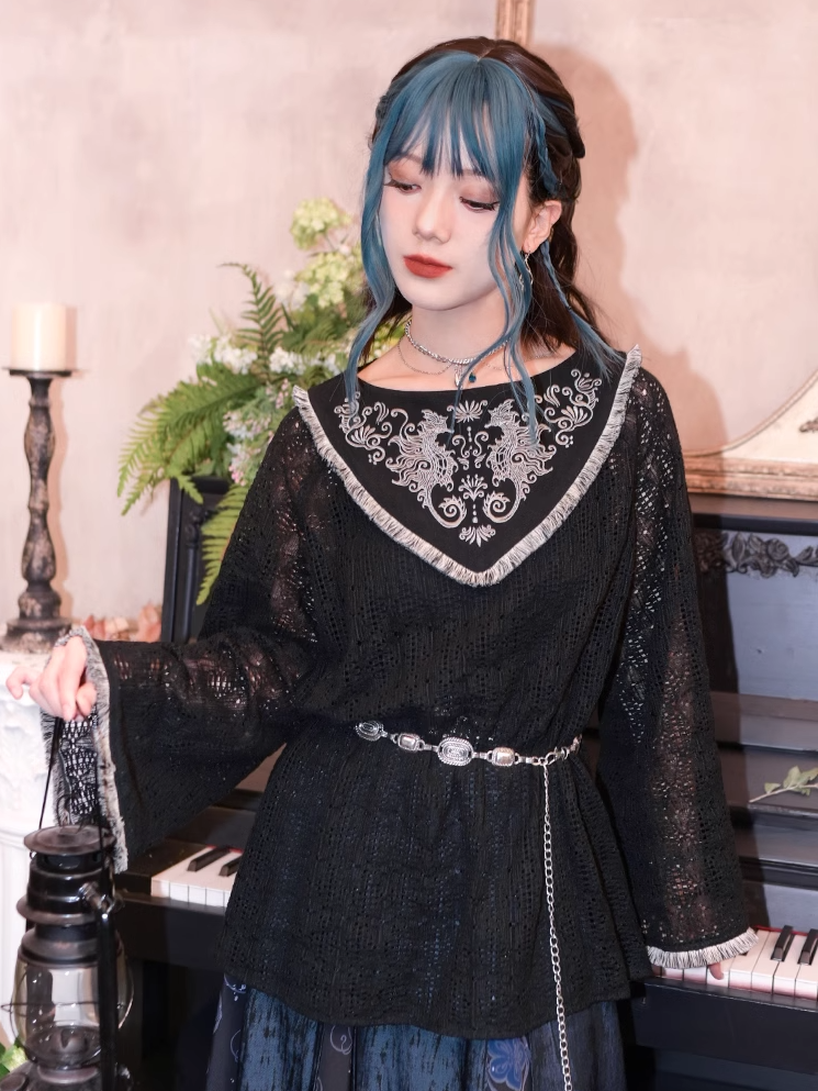 Seahorse and Coral Embroidery Tassel Hem Black Cheongsam Style Hollow-out Lace Top