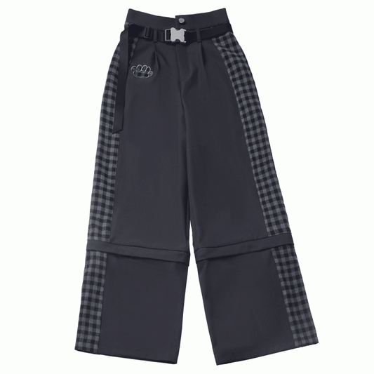 Clearance-Size M for Waist 66CM Black Plaid Zip Cuffs Techwear Two Ways Wear Pants/Shorts with Snap Belt