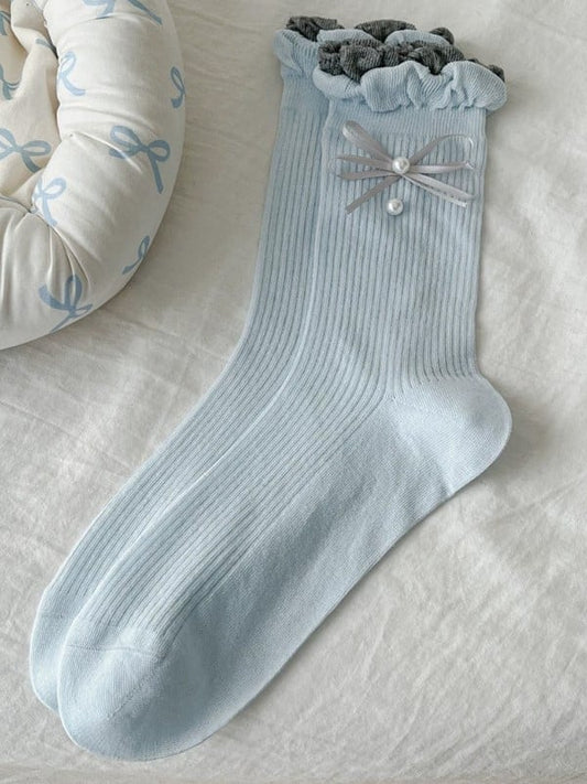 White/Black/Blue/Gray/Dark Gray Lolita Bowknot Details Ruffled Cuff Calf Socks