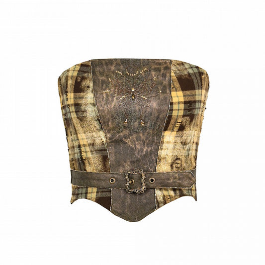 Green Plaid Pattern Butterfly-shaped Rhinestone Buckle Strapless Top