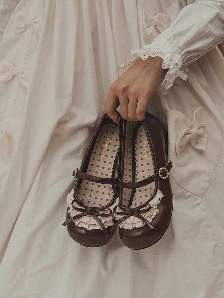 Chocolate Brown Knotted Bow Accent Lace Trim 2.2CM/4.3CM Heels Round Toe Mary Janes