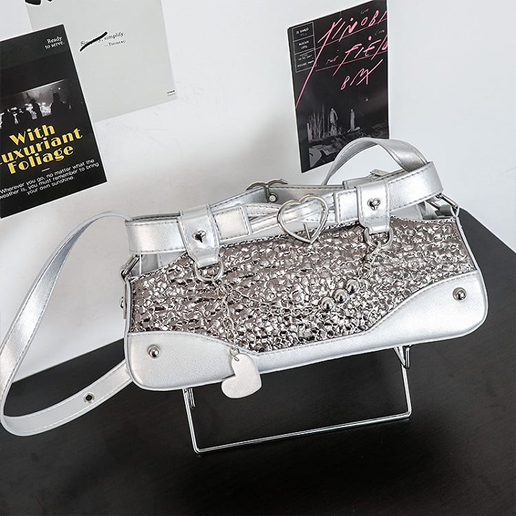 Metallic Color Ita Bag with Chain and Heart Charm