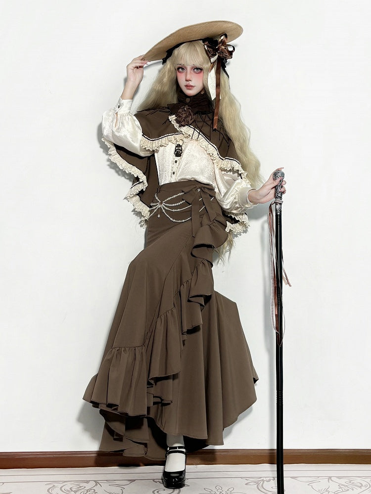 Brown Elegant Lolita Mermaid Skirt with Cascading Ruffles