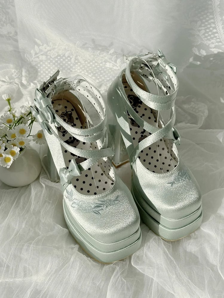 Green Camellia Flower High Block Heel Elegant Platform High Heels