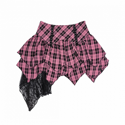 Pink and Black Plaid High Waist Handkerchief Hem Tiered Skirt