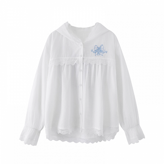 Blue Bowknot Embroidery White Lace Trim Front Button Placket Hooded Jacket