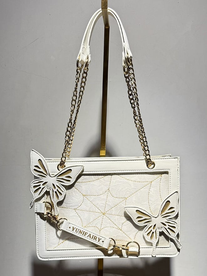 White Ita Shoulder Bag with Gold Butterfly and Spiderweb Details – Small Capacity