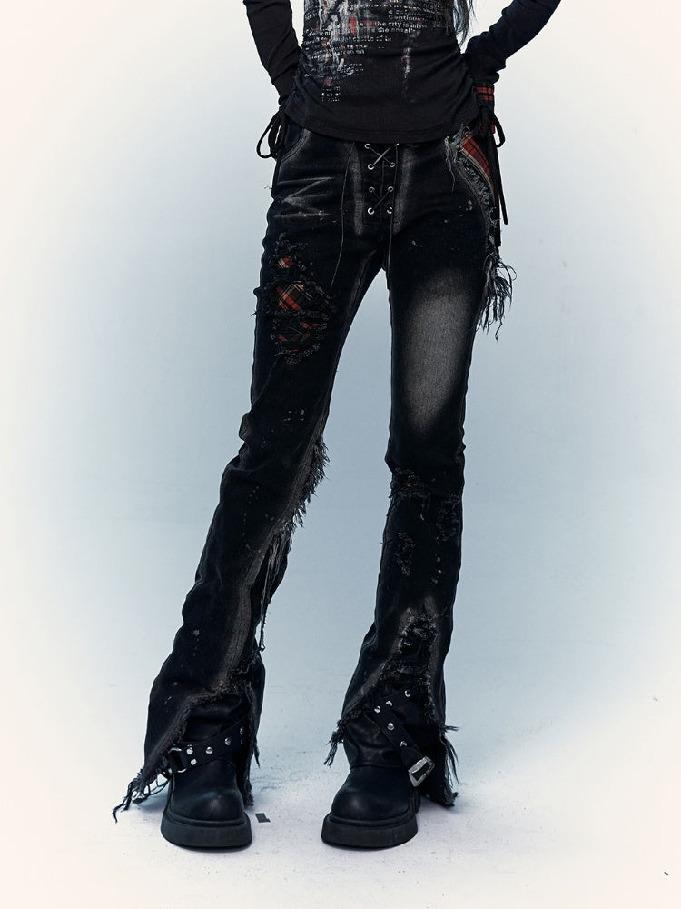 Black Split Cuffs Distressed Flared Jeans with Lace-up Design