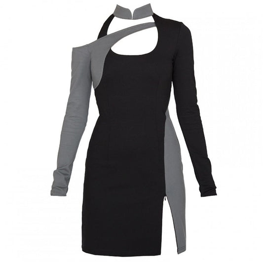 Cyberpunk Black & Grey Banded Collar Cutout Detail Side Slit Glamorous Dress