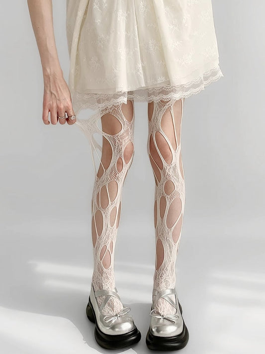 Gray/White/Brown/Black Y2K Asymmetrical Design Cut-out Details Tights