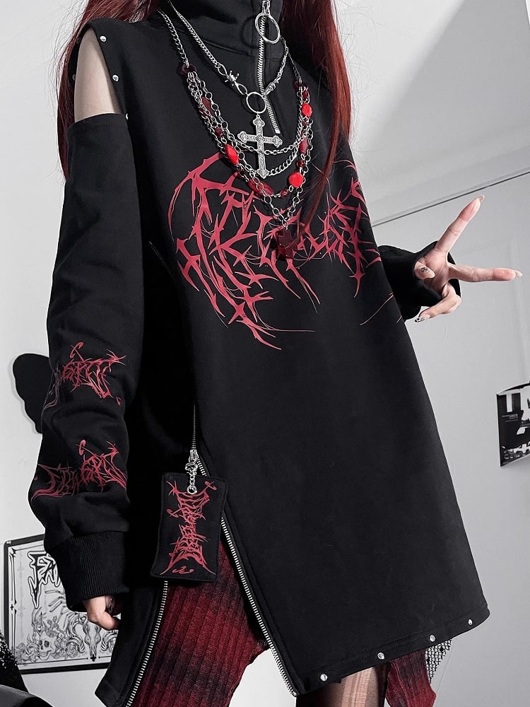 Black&White Emo Punk Cutout Shoulder Design Sweatshirt