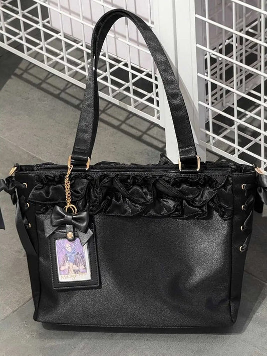 Black Satin Ruffle Trims Self-tie Straps Ita Bag With Bow Card Holder