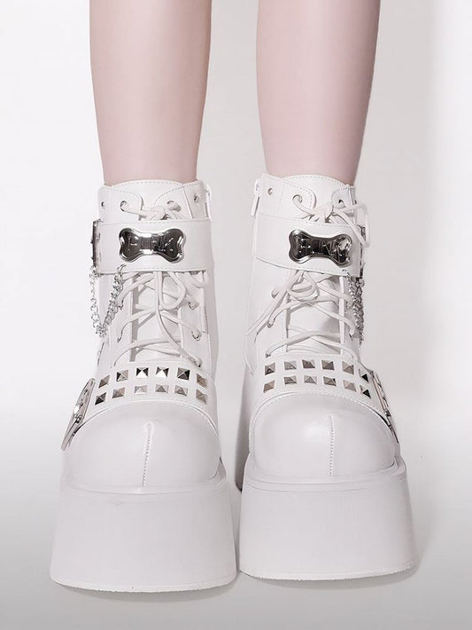 Punk Matte White Platform Ankle Boots Silver-tone Studs