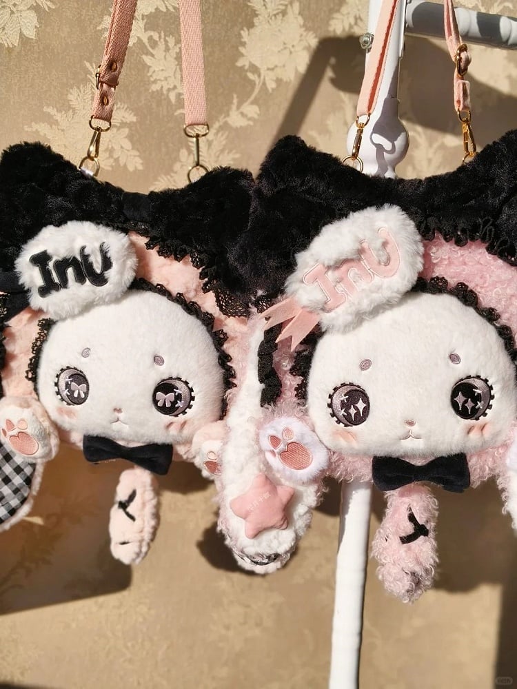 Sweet Lolita Black Plaid Lop Ear Bunny Pink Plush Bag