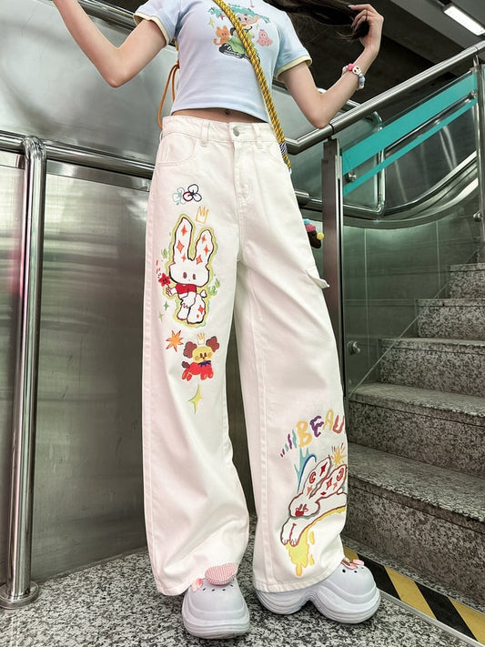 Cartoon Bunny Print White Low Waist Wide-leg Jeans