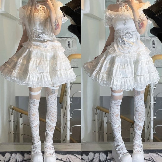 Detachable Bunny Ears White Punk Tiered Skirt with Undies