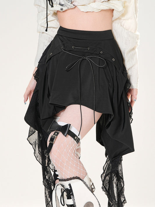 Black Lace-up Detail Cascading Lace Ruffles Skirt