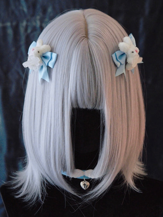 Handmade Plush Bunnies White and Blue Bowknot Hairclips