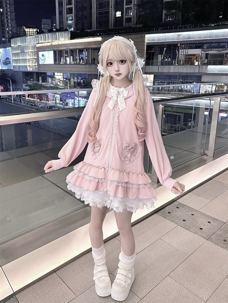 Sweet Pink Jirai Kei Bunny-Eared Hoodie Dress | Tiered Ruffles & Heart Pockets