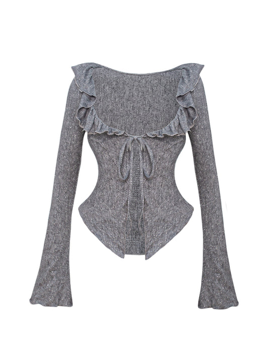 Gray Long Sleeve Knit Cardigan: Ruffled Collar with Tie-Front Closure