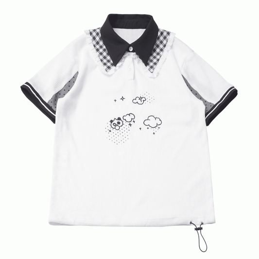 Double Layered Polo Collar Graffiti Panda Print White Waffle T-shirt