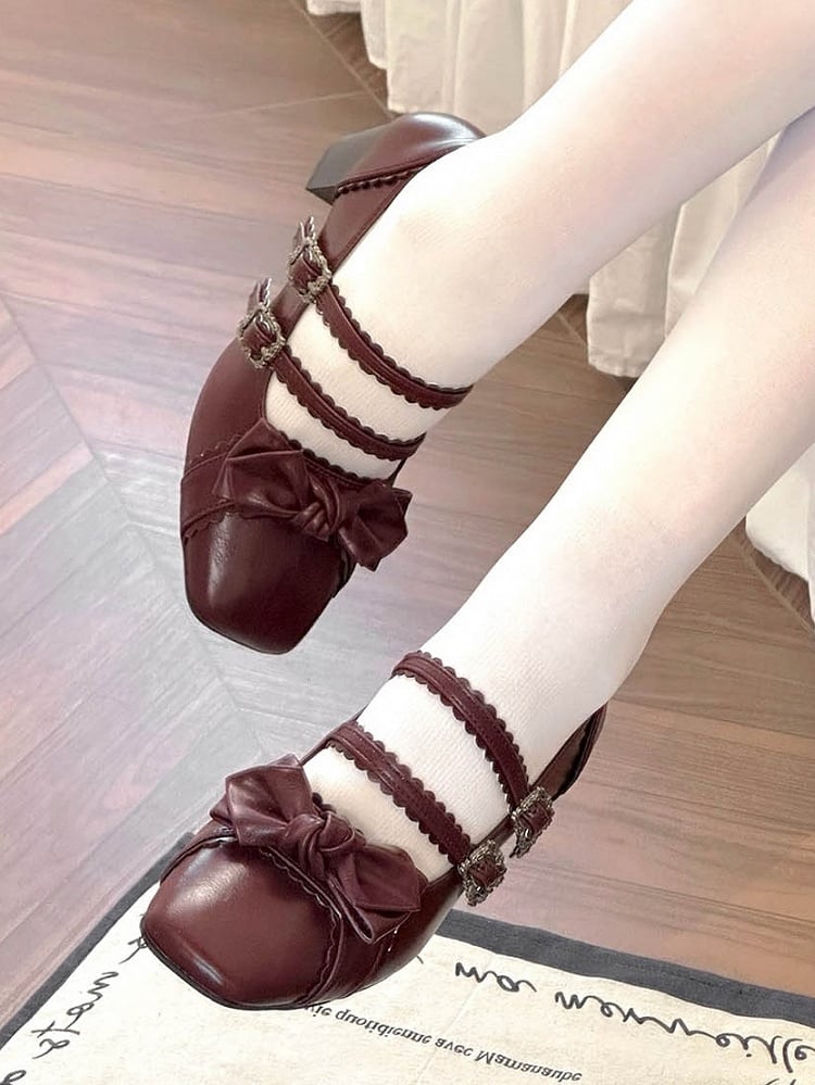 Wine Red Bow at Top Sweet Lolita Shoes