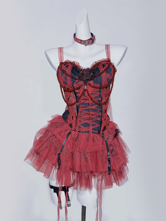 Gothic Red & Black Lace Trim Rosette Beaded Chain Corset Cami Top