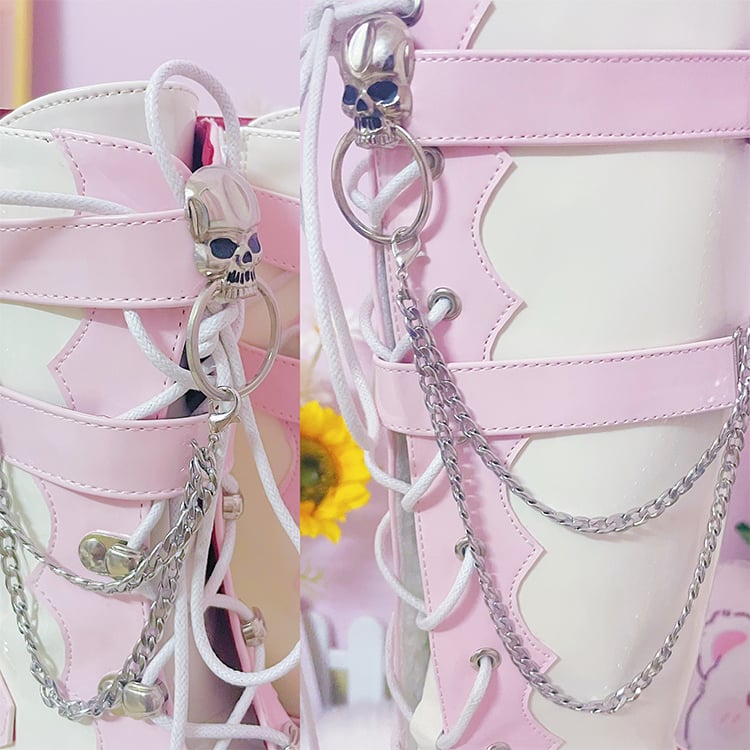 White and Pink Knee-high Punk Fashion Chunky Boots Studs and Skulls Details