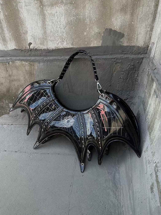 Gothic Spiderweb Print Black Studs Bat Tote Bag with Three Straps