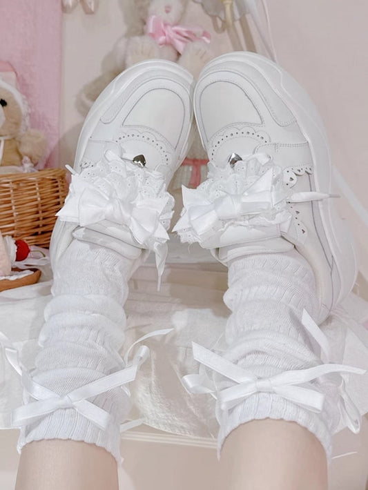 White Jirai Kei Detachable Bowknot Lace Trim Front Lace-up Ties Sneakers