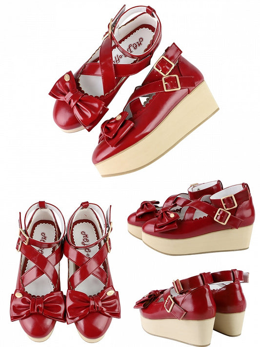 PU Red Sweet Lolita Platform Mary Janes - Crisscross Straps with Wood Grain Sole & Bow at Top