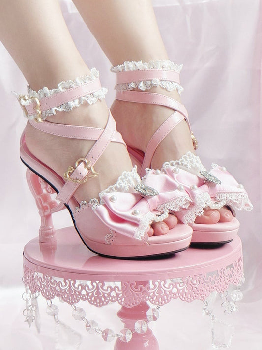 Pink Hime Gyaru Shoes Magical Girl Bow at Top Heart-shaped High Heels Sandals