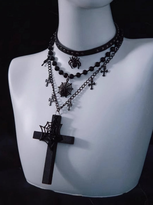Spider Web and Cross Pendant Black Gothic Triple Layered Necklace