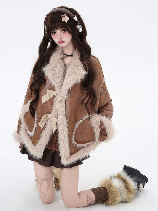Clearance - Size S for Bust 120CM Brown Bowknot Details Sweet Winter Coat Plush Trim