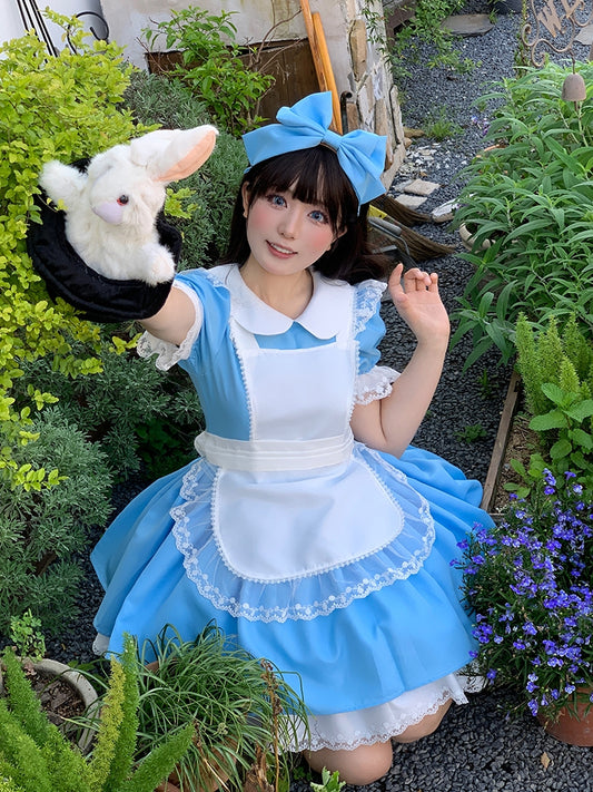 Plus Size Friendly Blue Short Version Maid One Piece + Apron Alice in Wonderland Vibes