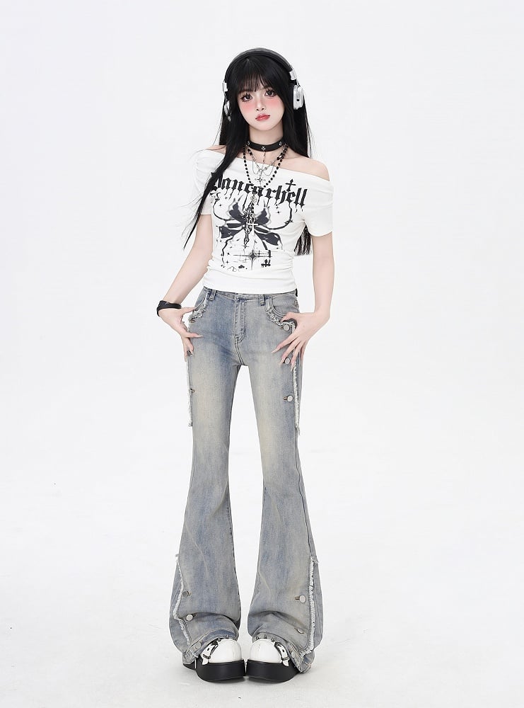 Blue Raw Hem Vintage Glamorous Flared Jeans