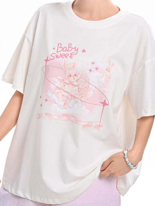 Sweet Pink Bunny Print White Round Neck Loose T-shirt