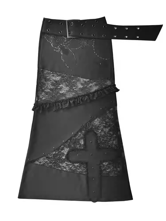 Black Low Waist Lace Patches Cross Applique Punk Skirt with Buckle Belt