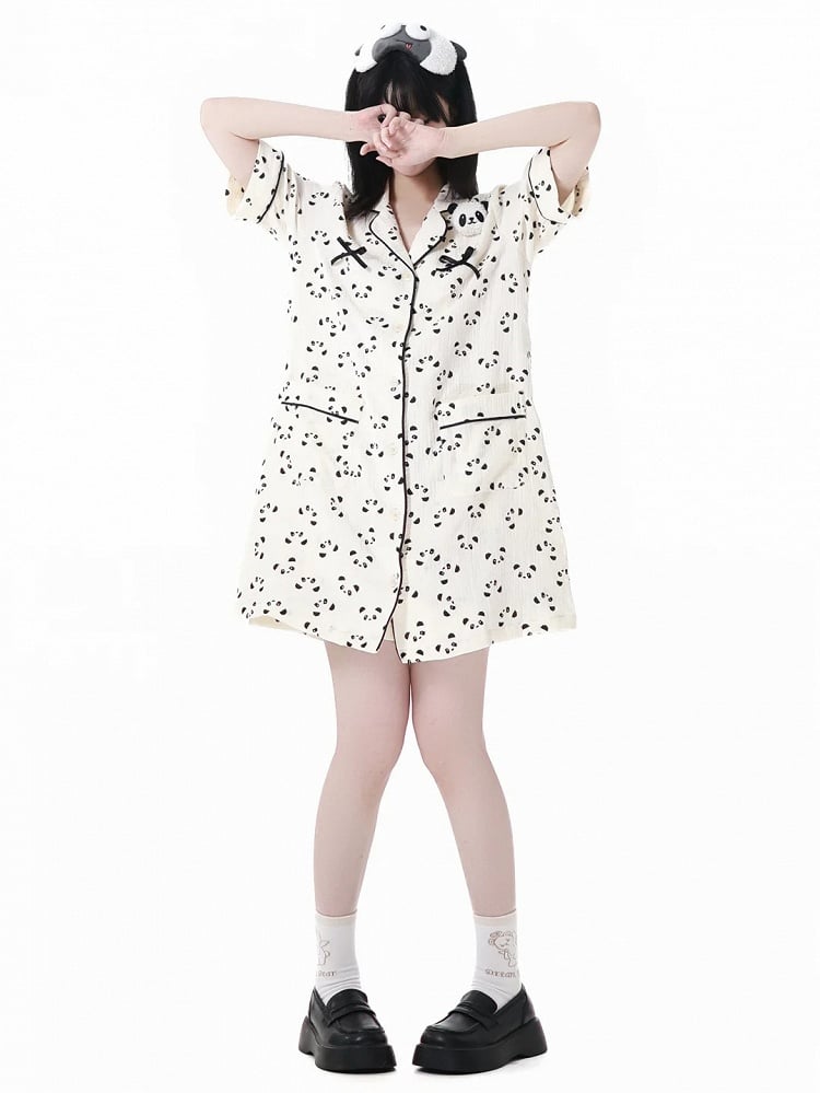 Beige Scalloped Edge Collar Allover Panda Print Pajamas Shirt Dress Panda Plushie