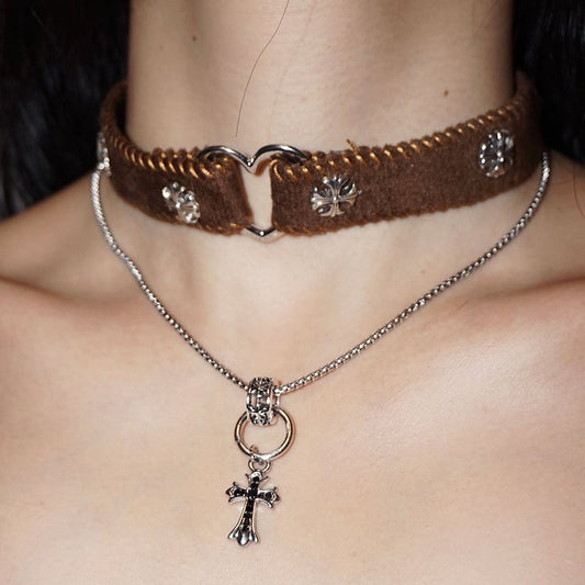 Punk Cross Pendant Double-Layered Brown Choker