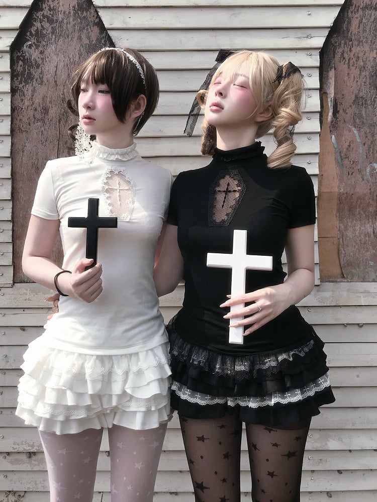 Gothic Black/White Mock Neck Coffin-Shaped Cutout T-Shirt