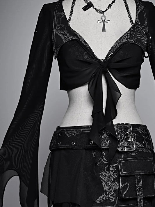 Black Semi-sheer Tulle Cropped Top Denim Collar Coachella Outfits